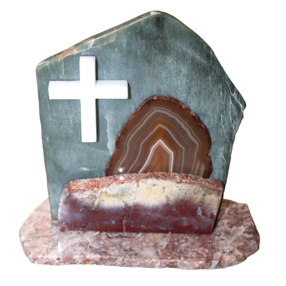 Hand made religious cross stones table decor sculpture agate, quartz, jasper